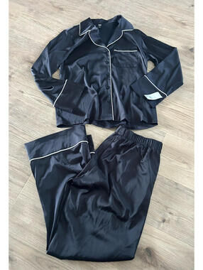 I.n.c.International Concepts Women's 2Pc Piped-Trim Satin Pajamas Set Black S